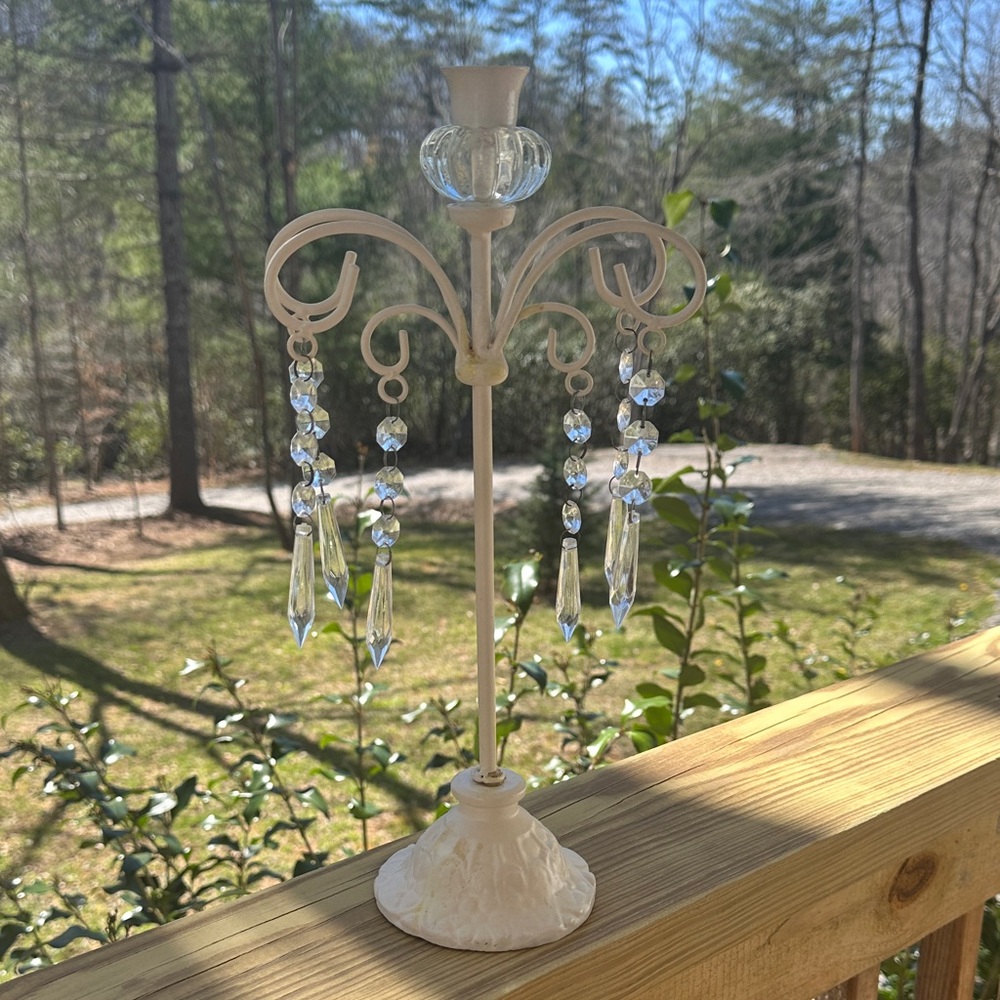 White Crystal-Accented Candle Holder with Hanging Prisms